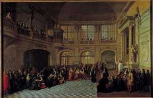 Koning Lodewijk XIV ontvangt de eed van de markies de Dangeau in de kapel van het kasteel van Versailles