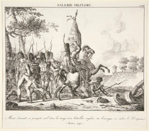 Menier (Huzaren) werpt zich alleen in de linie van een Engels bataljon, doodt de vaandrig en neemt de vlag (Druten, 1795) door Antoine Pierre Mongin