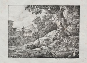 Receuil dessais lithographiques: Rookende Draak liggend aan de voet van een boom door Antoine Pierre Mongin