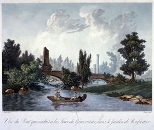 Brug naar de Tour du Gouverneur in het Parc Monceau, gegraveerd door Chapuy