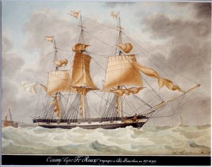 De oceaan drie masten, reis naar het eiland Bourbon Aquarel door Antoine Roux (1765-1835) 1827-1829 Marseille, Musee de la Marine door Antoine Roux