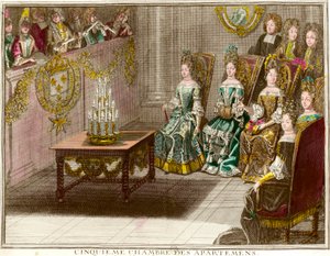 Muzieksessie in de vijfde slaapkamer van de familieappartementen van Lodewijk XIV (1638-1715) tijdens de avonden van het appartement in Versailles rond 1694