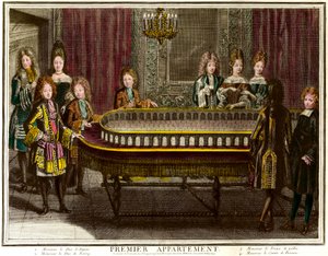 Philippe van Frankrijk, Hertog van Anjou, later Koning van Spanje (1683-1746), Charles, Hertog van Berry (1686-1714) en Prins van Wales die portiek spelen in het eerste appartement van Lodewijk XIV in Versailles - Gravure door Antoine Trouvain (1656-1708) door Antoine Trouvain