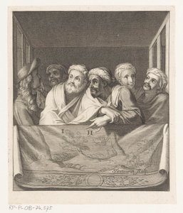 Vijf mannen met tulband en een met hoed in een loge achter een balustrade door Antoine Trouvain