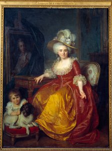 Portret van Madame Vestier met een kind aan haar voeten die een hond in het oor knijpt