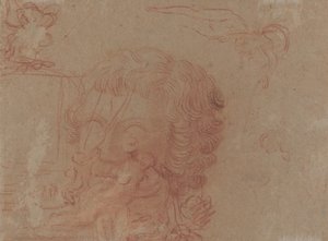 Figureschetsen en een kopie naar een gebeeldhouwd hoofd door Antoine Watteau