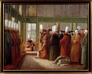 Ottomaanse Rijk: ontvangst door de Grootvizier van een Franse ambassadeur in dienst van koning Lodewijk XVI in Turkije door Antoine de Favray