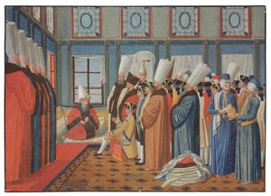 De presentatie van de Graaf de Vergennes, ambassadeur van Lodewijk XV, aan Reis Effendi, Grootvizier van de Ottomaanse Sultan 
