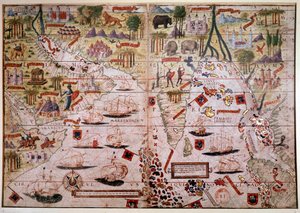 De Indische Portugese nautische atlas. Pagina van het Atlas Miller-manuscript gemaakt in 1519 door Pierre en Georges Reinel, Lopo Homem (cartografen) en Antoine de Hollande (miniaturist). 16e eeuw. Parijs, B N. door Antoine de Hollande