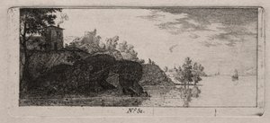 Huisje op een rotsachtige voorgebergte langs een rivier door Antoine de Marcenay de Ghuy