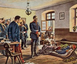 Kroonprins Friedrich Wilhelm bij het lichaam van generaal Douay, 4 augustus 1870 (vergrote kleurenlitho)