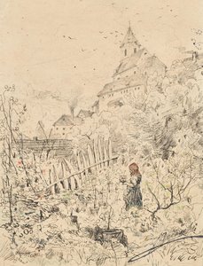 Boerenmeisje in tuin, achter haar kerk en dorp door Anton Brioschi