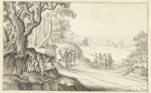 Jagers in een heuvelachtig landschap door Anton Crussens