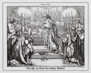De Heilige Roomse keizer Otto III bij het graf van de heilige Adalbert van Praag (gravure)