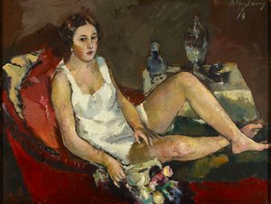 Jonge vrouw op rode sofa door Anton Faistauer