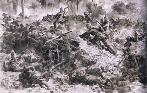 De Wuenttembergse Koningsgrenadiers doorbreken vijandelijke stellingen in de Argonnes, uit De Geïllustreerde Geschiedenis van de Wereldoorlog 1914-1915 uitgegeven door Union Berlagsefellfchaft door Anton Hoffman