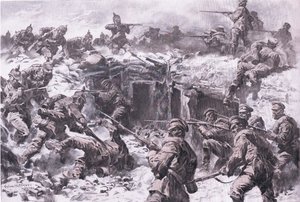 De nederlaag van het Moskouse Grenadierskorps door Silezische, Pruisische en Keizerlijke Duitse troepen, uit De Geïllustreerde Geschiedenis van de Wereldoorlog 1914-1915 pub. door Union Berlagsefellfchaft