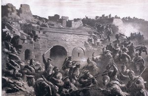 De bestorming van een fort in Kavno, uit De Geïllustreerde Geschiedenis van de Wereldoorlog 1914-1915 pub. door Union Berlagsefellfchaft door Anton Hoffman