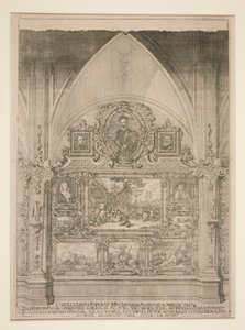 Interieur met gebogen nis versierd met portretten en genrescènes