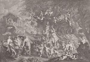 Het feest van Venus, met groepen saters, nimfen en putti die rond een standbeeld van Venus dansen, 1732