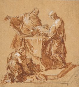 Een hogepriester, de profetes Anna en een knielende jongen rond een tafel door Anton Kern