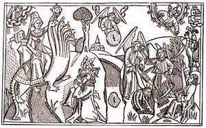 De grote hoer van Babylon rijdend op het zevenkoppige beest en de engelen die tarwe snijden terwijl ze de duivel gevangen houden