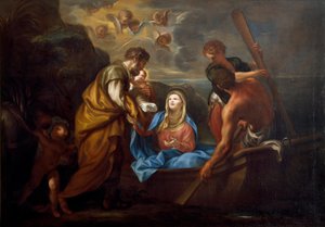 De vlucht naar Egypte De heilige familie gaat aan boord van een boot