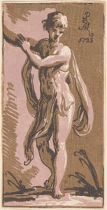 Een staande jongeman die naar rechts wijst door Anton Maria Zanetti I, after Parmigianino