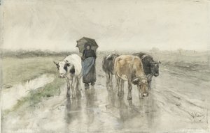 Een boerin met koeien op een landweg in de regen door Anton Mauve