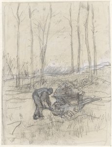 Boer aan het werk met een kruiwagen in het bos door Anton Mauve