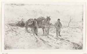Boer naast twee door paarden getrokken karren door Anton Mauve