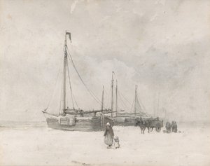 Vissersboten op het strand in de winter, midden tot laat 19e eeuw door Anton Mauve