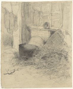 Interieur van een schuur met stro en diverse voorwerpen