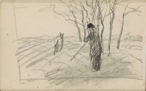 Staande man met een stok en een dier op een geploegd veld door Anton Mauve