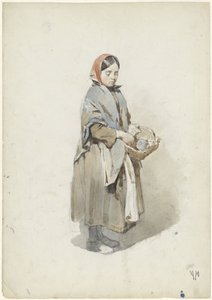 Staande vrouw met hoofddoek en mand door Anton Mauve