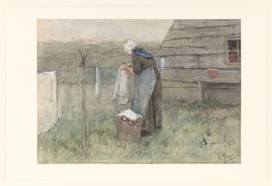 Vrouw bij een waslijn door Anton Mauve