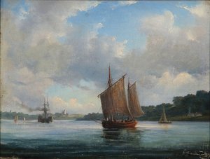 Rivierlandschap met vissersboten en een raderstoomboot door Anton Melbye