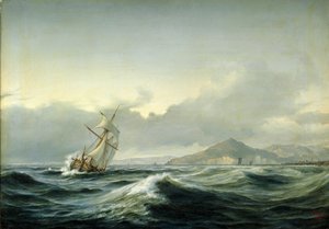 Zeegezicht met zeilschip in ruwe zee. Op de achtergrond een rotsachtige kust door Anton Melbye