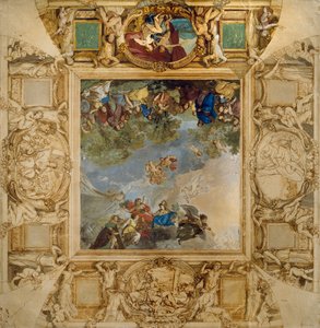 Apollo en Athena belonen talenten en Minerva geflankeerd door kariatiden en medaillons met Mars, Venus, Hercules en Cybele