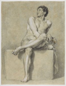 Zittend mannelijk naakt, frontaal, met het linkerbeen over het rechterbeen gelegd, opkijkend door Anton Raphael Mengs