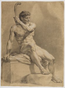 Zittend mannelijk naakt, schuin naar rechts gewend, met de linkerhand een kleine knots omhooghoudend door Anton Raphael Mengs