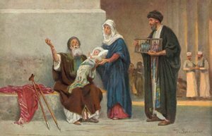 Maria en Jozef presenteren de baby Jezus aan Simeon