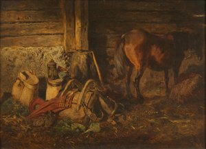 Stal interieur met paard door Anton Schrodl
