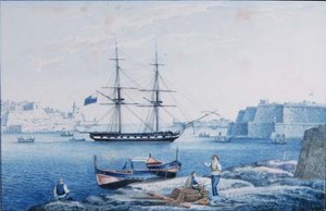 Malta: Uitzicht op de ingang van de haven van La Valletta vanaf Isola Point door Anton the Younger (circle) Schranz