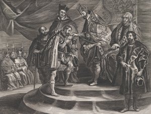 Plaat 25: Filips gekroond tot Koning van Spanje door zijn vader, Karel V, uit Guillielmus Becanus