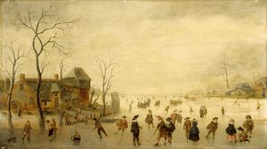 Winterlandschap met schaatsers, golfspelers en boeren op bevroren waterwegen