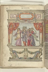 Toneel waarop de personificaties van Glorie, Majesteit, Generositeit, Magnificentie en Modestheid samen een kroon hoog houden door Antoni van Leest