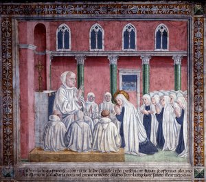 Het leven van St. Francesca Romana: De heilige en de oblaten bieden zich aan bij de benedictijner orde en vestigen zich in de kerk van Santa Maria Nova, Rome