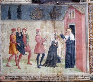 Leven van St. Francesca Romana: De heilige ontmoet een verlamde vrouw genaamd Jacobella en belooft haar te genezen door Antoniazzo Romano