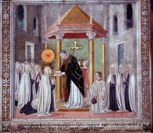 Het leven van St. Francesca Romana: Toen de heilige de communie ontving, verscheen er een stralende bol boven haar door Antoniazzo Romano
